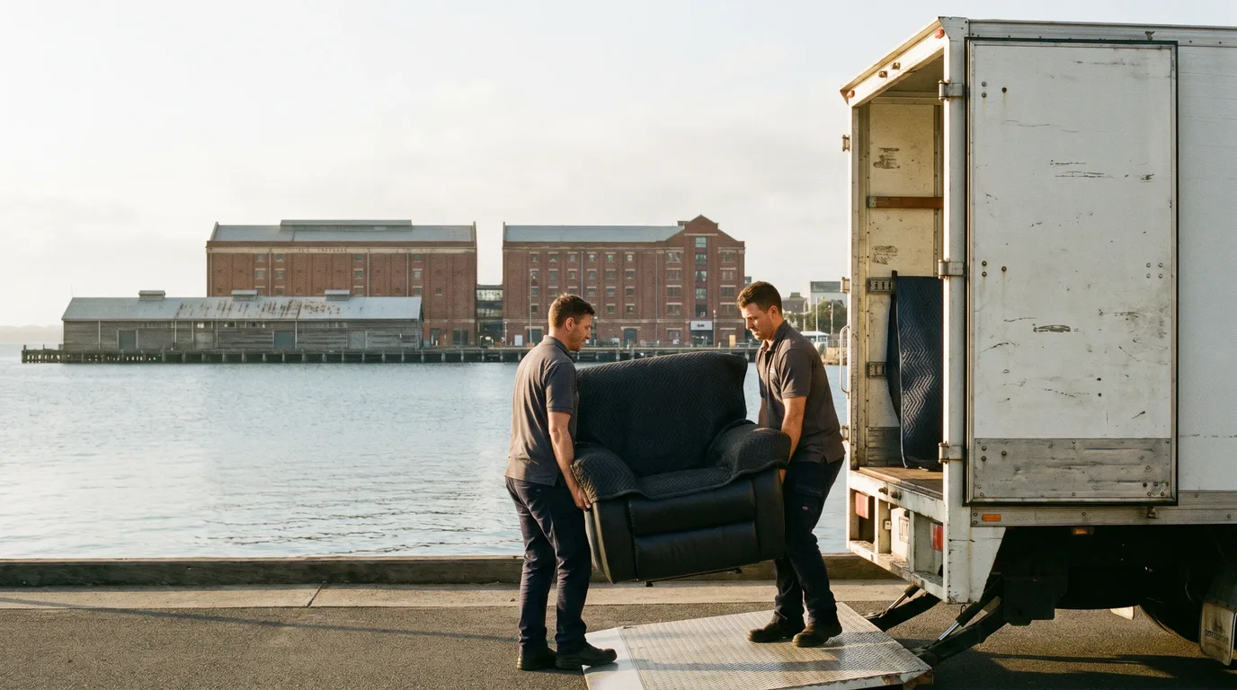 Removalists loading furniture near the Geelong Waterfront — the Cunningham Pier woolstore conversions behind them